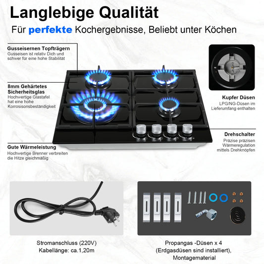 58cm Gas Hob | 4 Burner Dual Fuel (NG/LPG) 8060W Auto Flame Shut-off & Tempered Glass Surface | Built-in/Freestanding 220-240V.
