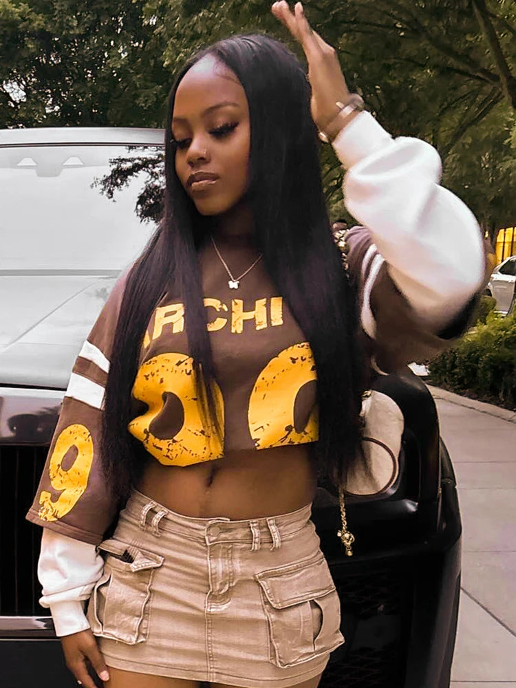 Weird Puss Fake Two Piece Pullover Women Trend Contrast Number Print Patchwork Long Sleeve Autumn Casual Simple Streetwear Tops.