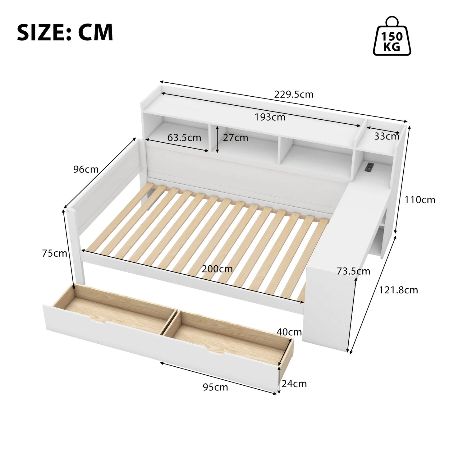 Merax Schlafsofa Daybett 90x200 cm Nachttischablage Untertischablage Bett mit Steckdose USB 2 Schubladen Schreibtisch ohne Matra
