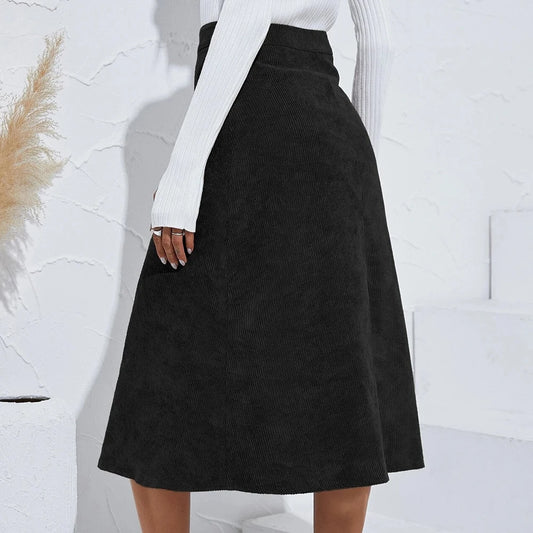 FairyShely Vintage Corduroy Knee Skirt For Women 2025 Autumn Winter Warm Knee High Waist Black Skirts Female Button.