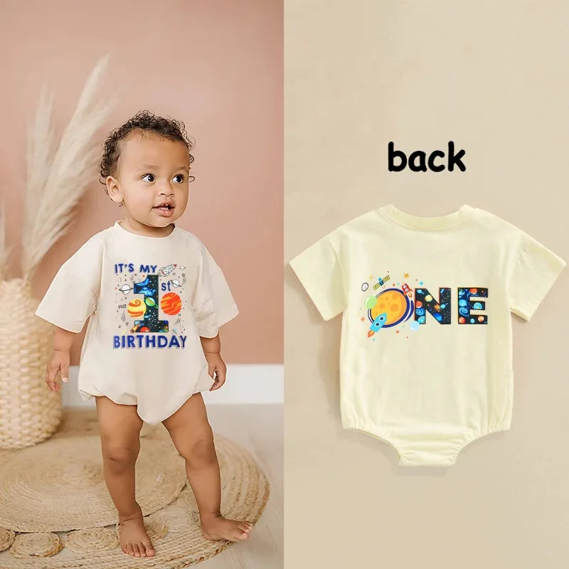 My 1st Birthday&ONE Print Baby Bubble Strampler Kurzarm Übergroßer Säuglingsspielanzug Babys erster Geburtstag Partykleidung.