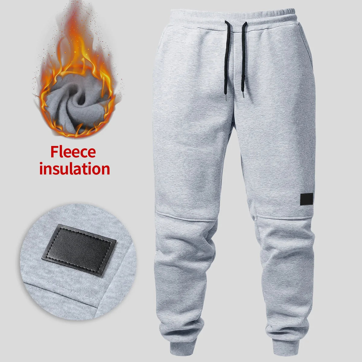 Men's fleece-lined ankle-length pants, autumn and winter drawstring waist sports sweatpants, with leather label running pants.