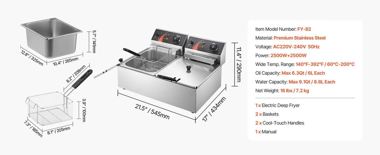 SucceBuy 12L 5000W elektrische Fritteusen, zwei Tanks mit Doppelkorb und Deckel, doppelte Fritteuse, einstellbare Temperaturregelung