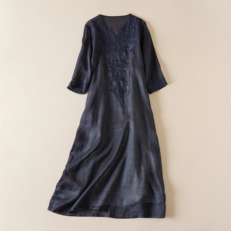 Vintage bedruckte Frauen kleider neue französische lose V-Ausschnitt Kleidung Kurzarm Sommer A-Linie Stickerei Empire Kleid