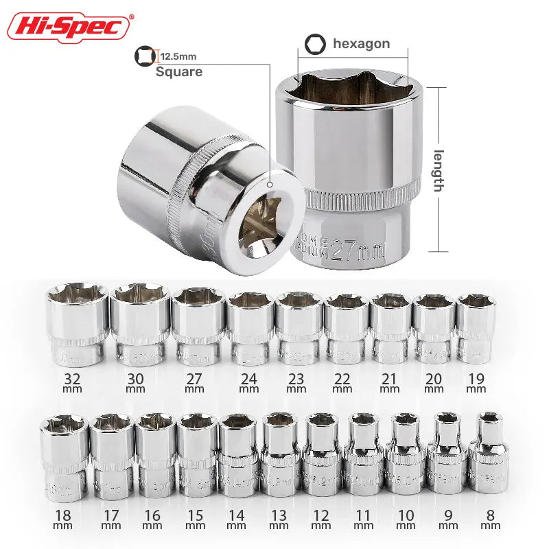 Hi-Spec 1/2" Drive Impact Socket Set Impact Wrench Sockets Cr-mo Hex Sockets CR-V Handwerkzeuge zum Entfernen großer Innensechskantmutter