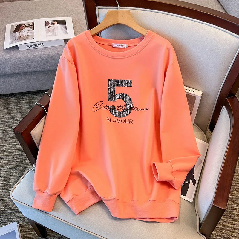 175kg plus size Damen büste Frühling Herbst loser Rundhals ausschnitt bedrucktes Langarm-Sweatshirt schwarz orange 5xl 6xl 7xl 8xl 9xl