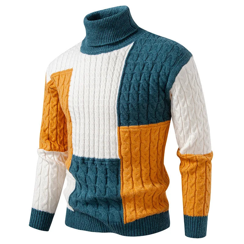 #8621 Spliced Color Turtleneck Sweater Men Long Sleeve Knitted Pullover Male Teenager Pullover Hombre Thick Autumn Winter.