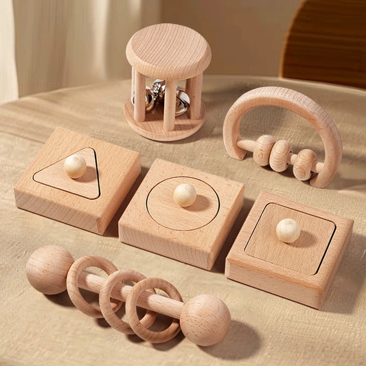 Wooden Geometric Shapes Sorting Montessori Puzzle Toys Baby Toys Wooden Rattles Ring Rattles Sensory Toys Preschool Education.