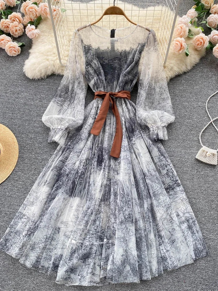 Elegante Frauen Mesh Kleid Vintage Laterne Ärmeln Gedruckt Party Kleider Frühling Sommer Patchwork A Line Bandage Strand Kleid