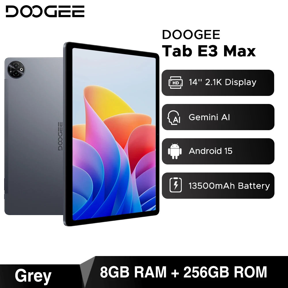 DOOGEE Tab E3 Max Tablet PC Android 15 Gemini AI Quad Speakers 14'' 2.1K Display 32GB(8+24) RAM 256GB ROM 13500mAh Battery Pad