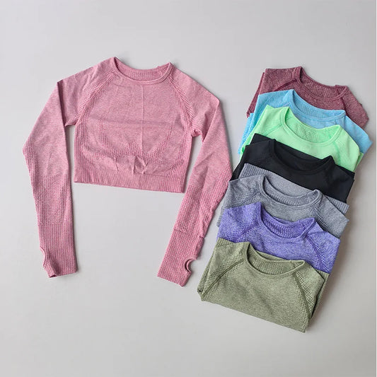 Women's Shirt Seamless Crop Top Fitness Shirts Long Sleeve Sports Top Woman Yoga Tops Activewear With Thumb Hole Sportswear.