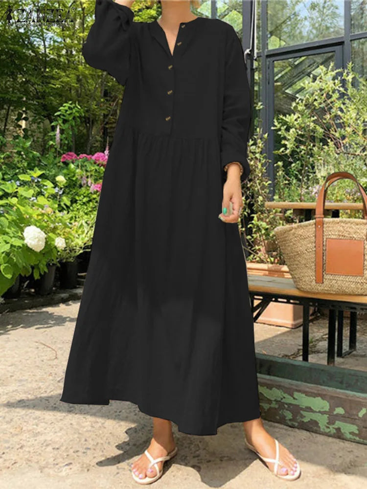 Women's Elegant Solid Cotton Robe Femme 2022 Spring Autumn Bohemian Maxi Dress ZANZEA Casual Long Sleeve Shirt Dresses Oversized