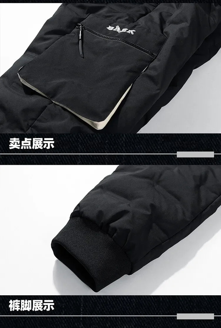 Men's Winter Pants Duck Down Padded Pants Thick Warm Black Loose Jogger Windproof High Waist Elastic Thermal Down Trouser Male