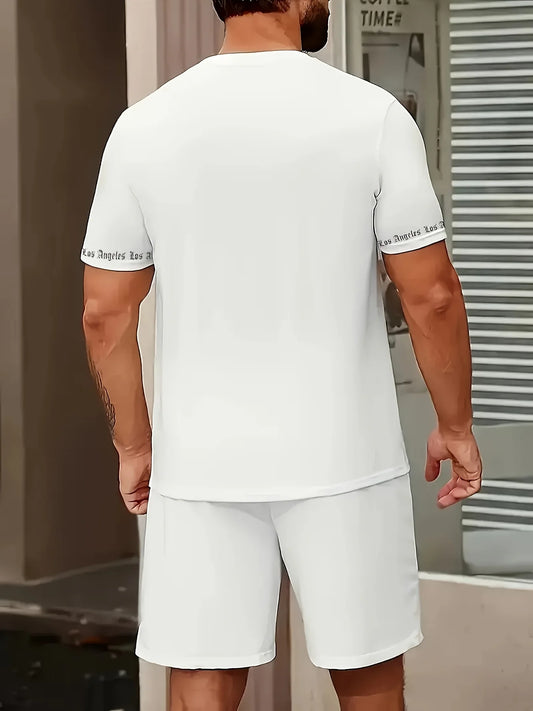 Men's Casual LA Patterned Suit, Soft and Breathable Summer Suit, Drawstring Shorts, Casual Summer Wear, Comfortable Fit.