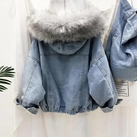 Mit kapuze Denim Mäntel Taschen Einreiher Jacke 2024 Herbst Winter Oberbekleidung Dicke Warme Bequeme Frauen Casual Mantel.