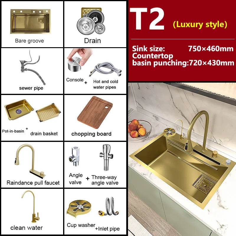 Goldene Küchenspüle aus Edelstahl, multifunktionale Wasserfall-Auslass, Einzelschlitz, Klavierknopf, Digitalanzeige