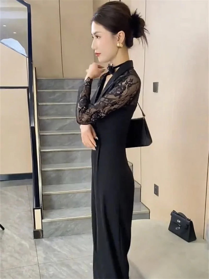 BESTBAFU Sexy Lace Patchwork Sheer Jumpsuit Women Spring Elegant Office Formal Outfit Black High Waist Wide Leg Romper 126P.