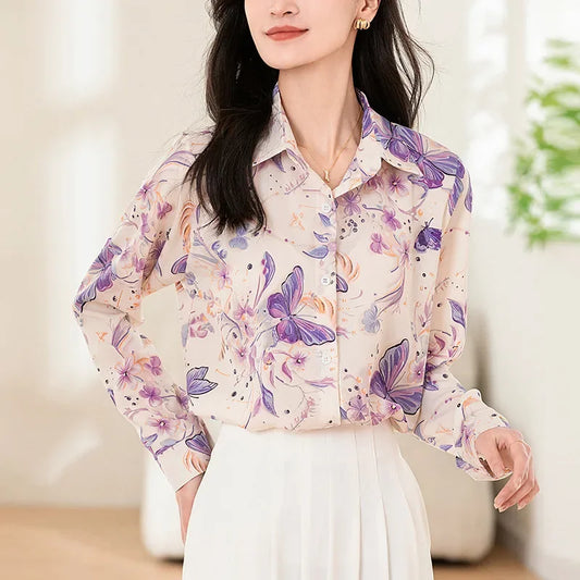 Fashion Korean Casual Women's Long Sleeve Butterfly and Flower Printed Shirt Office Lady Tops.