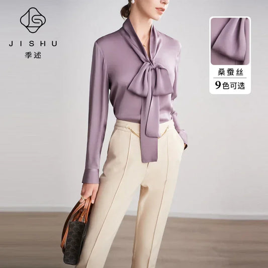 Silk Shirt Women's Thick Temperament Streamer 2025 Spring and Summer New Mulberry Silk Lace-up Design Shirt Long-sleeved Top.
