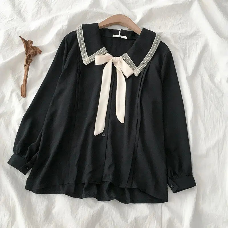 Large Size Niche Design Sense Single-breasted Women Shirt Autumn New Korean Lace-up Bow Blouse Female Solid Color Women Shirt.
