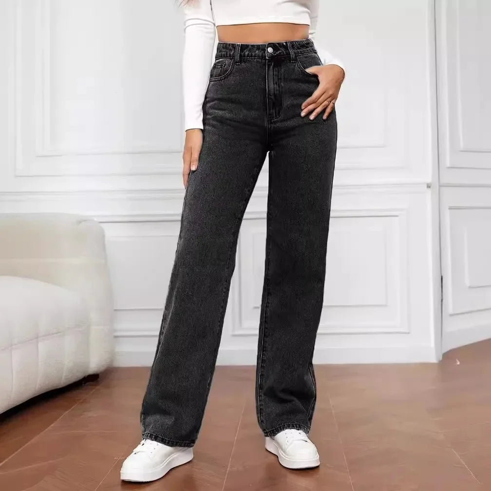 Casual Fashionable Elastic Washed Denim Straight Leg Jeans Women's Loose Straight Leg Trousers High Waist Chinese Production.