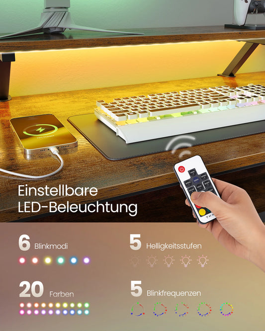 VASAGLE L-förmiger Schreibtisch mit Steckdosen, Eckschreibtisch, Computertisch, Monitorständer, Gaming-Tisch, LED-Beleuchtung