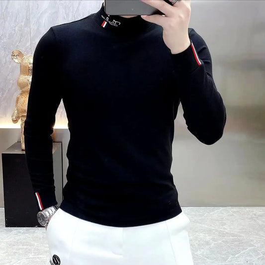 Autumn New Men Chic Thicken T-Shirts Thermal Half High Collar Bottoming Cootrast Color Long Sleeve Elastic Slim All-match Tops.