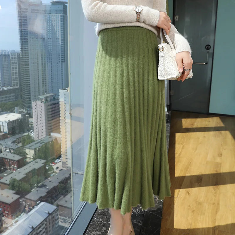 Autumn And Winter Fashion Mink Cashmere Mid Length High Waist Skirt For Women, Knitted Umbrella Skirt, Fashionable Pleated Skirt
