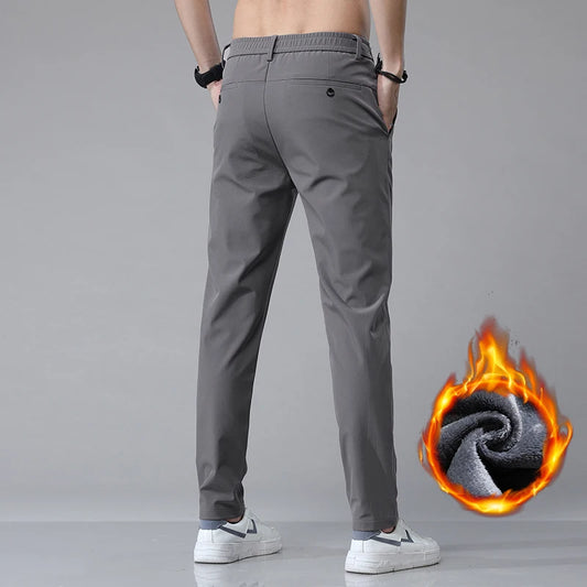 Korean Men's Warm Golf Pants Slim Straight Winter Thick Fleece Casual Pants Business Fashion Stretch Thermal Trousers Male.
