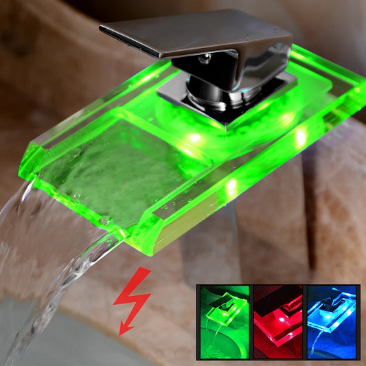 Smart Bathroom Faucet with Temp Light, Anti-Scald LED Indicator, Brass Construction, Waterfall LED Faucet, LED Color Changing