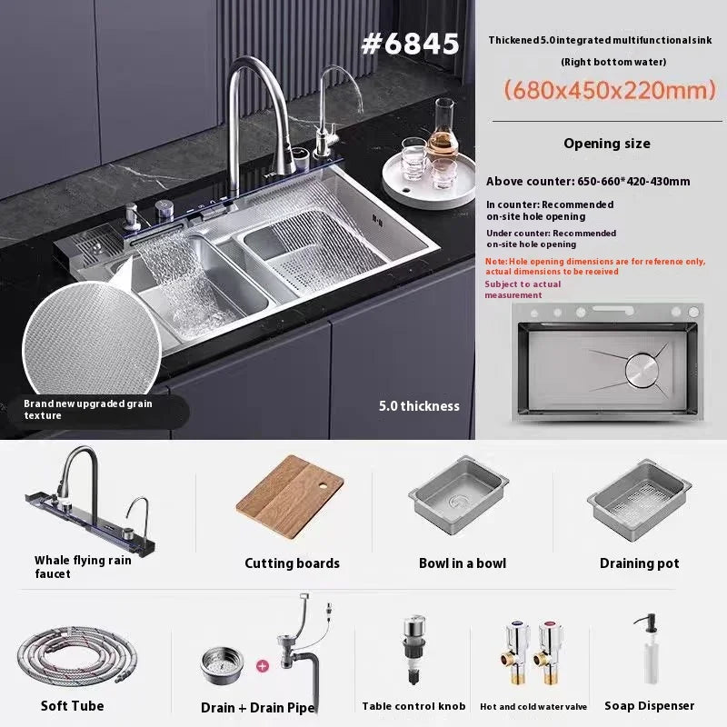 Stainless Steel Silver Kitchen Sink Multifunction Waterfalls Intelligent Digital Display Faucet Household Large Single Slot