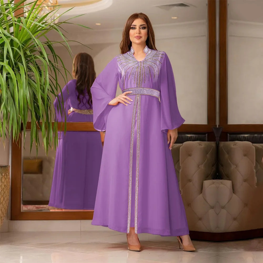 Arabische Robe Mode Nahen Osten Muslimischen Kaftan Dubai Hot Fix Diamant Party Abendkleider für Frauen Kerb Stehkragen Vestidos