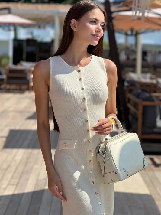 Tossy Strick-Maxikleid mit gerippter Strickjacke, weiblich, hohe Taille, schlanke Tasche, ärmellos, elegantes Partykleid, Damen-Strickwaren, langes Kleid.