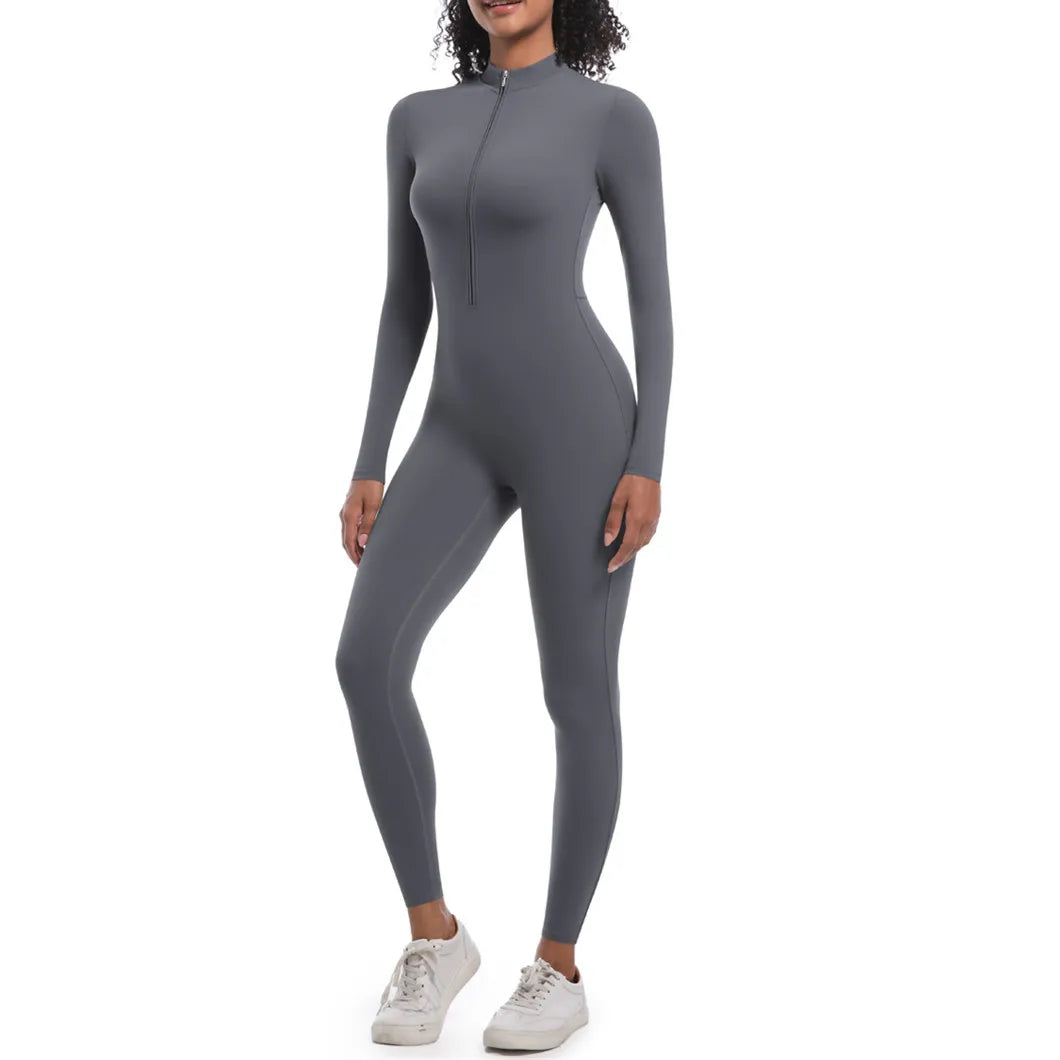 S-XL 2025 Nylon Zipper Long Sleeve Yoga Set Women One Piece Jumpsuit Fitness Gym Workout Pant Legging Running Romper Suit XP27.