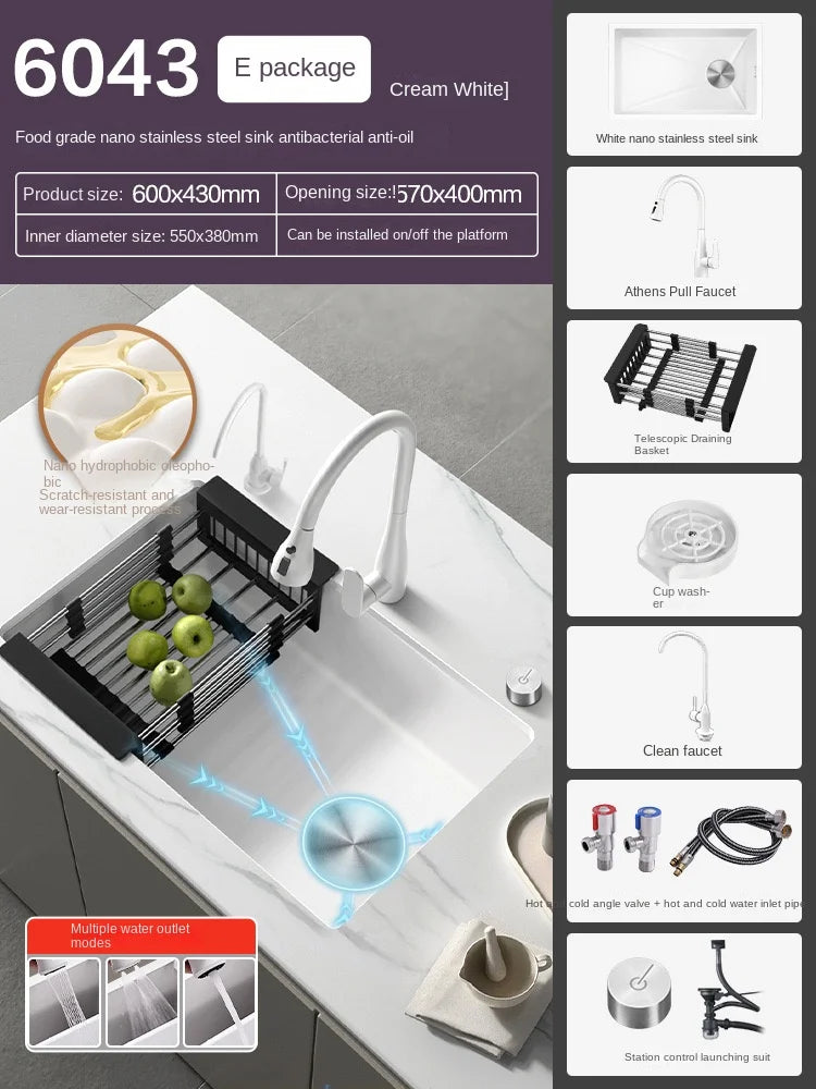 White Stainless Steel Kitchen Sink with Digital Display Multifunction Waterfall Faucet large Wash Basin for Kitchen Accessories