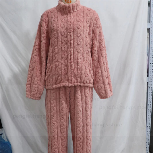 Thick Coral Fleece Pajamas Suit Women Long Sleeve Zip Top Pants Winter Autumn Warm Sleepwear Nightwear with Pocket Pjs.
