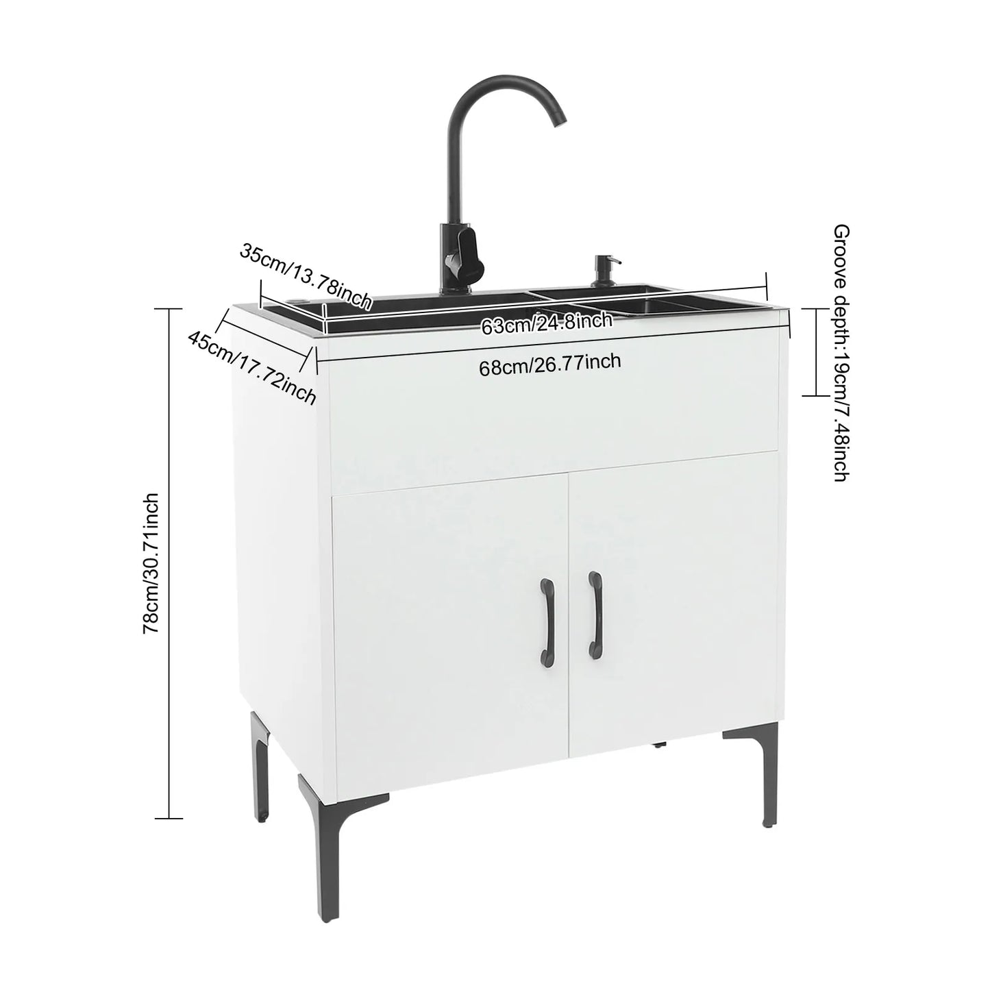 Schwarz/weißes unabhängiges Waschbecken mit Schrank, Küchenspüle aus Edelstahl mit 360° ° Drehbarer Wasserhahn für Badezimmer, Waschbecken
