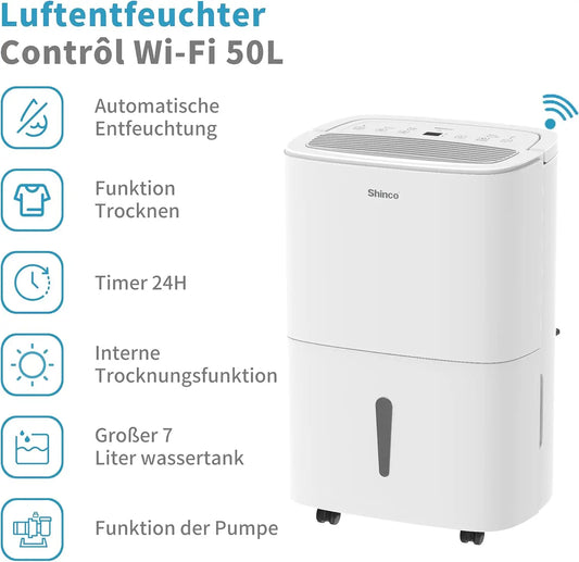 SHINCO 50L Wifi Dehumidifier with Pump, for 165 m³ (55 m²) Rooms, 7 L Water Tank, Activated Carbon Filter, Energy Saving, Automa.