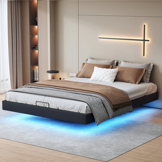 Lazyspace 160 x 200 cm großes Doppelbett mit Stauraum, schwebendes Bett ohne Kopfteil, Unterbett mit LED-Leuchten, schwarzes PU, ohne Matratze