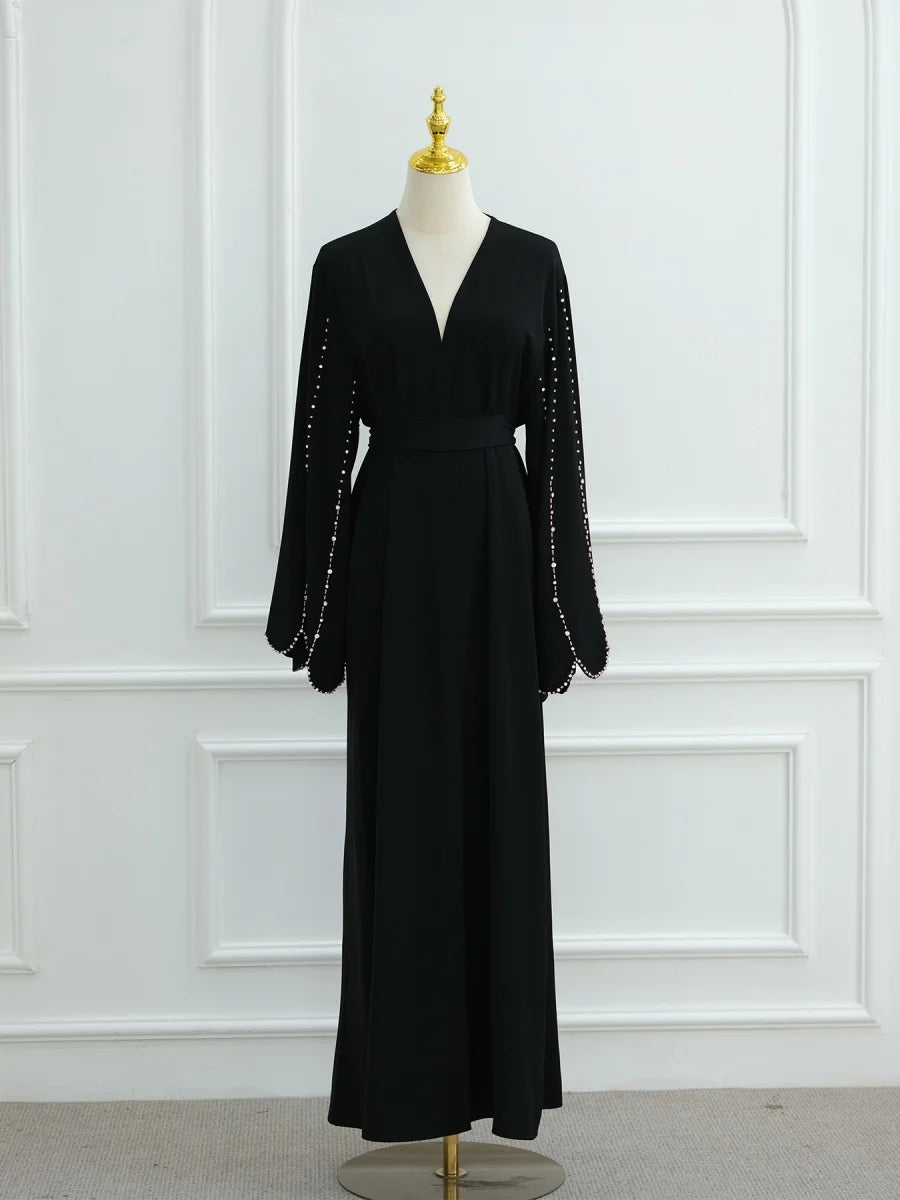 Middle East Women Arabic Dubai Abaya Made Beading Kimono Cardigan Long Dress Modest Ramadan Robe Femme Islam Clothing Kebaya.