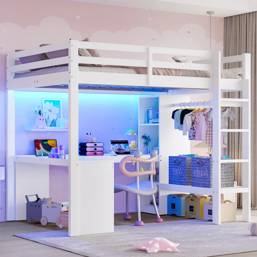 Modernes Kinder-Hochbett 140 x 200 mit Multifunktionsregalen, Unterbett-Schreibtisch, LED-Licht und USB, Kleiderschrank mit Stauraum, für Schlafzimmer