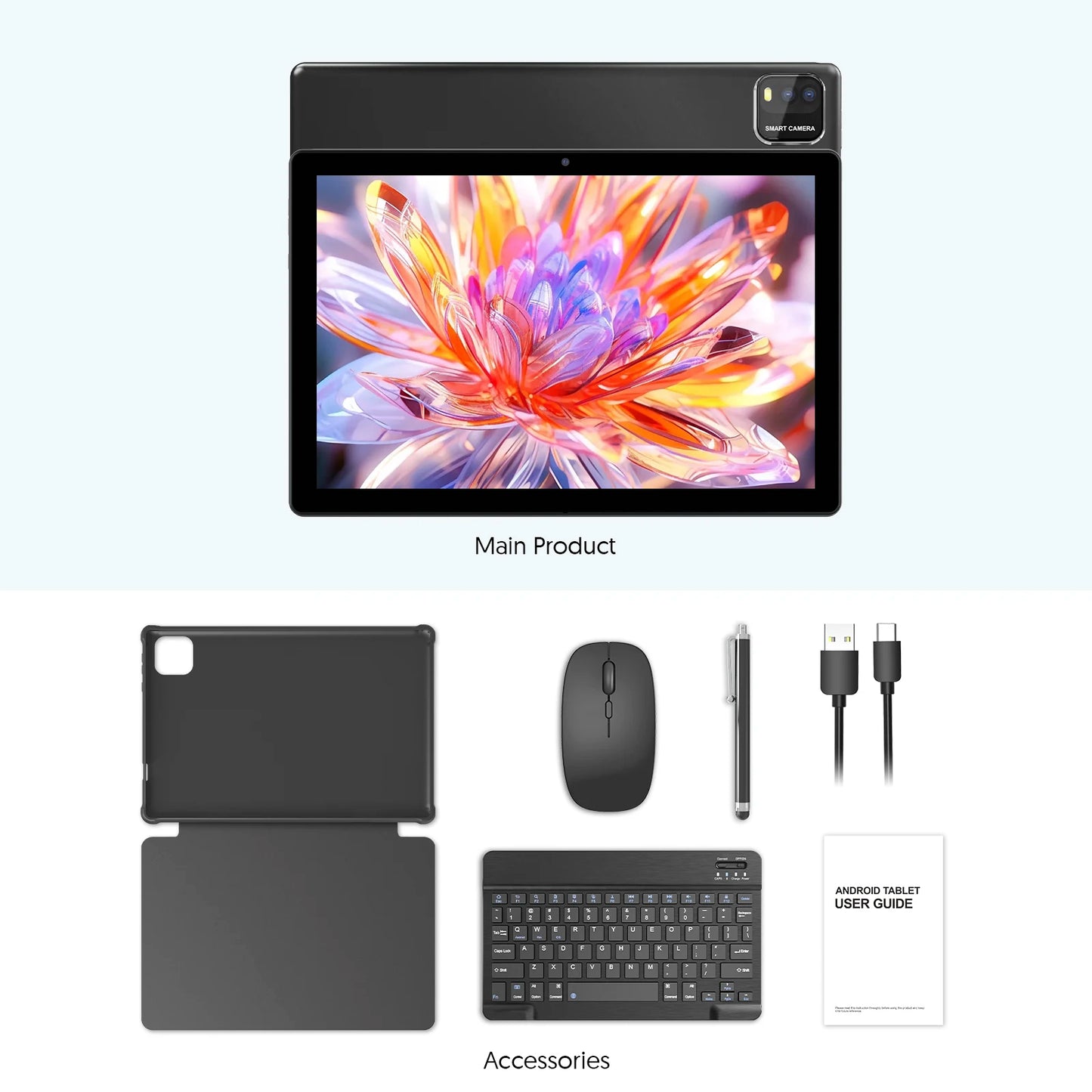 New Android 10.1-inch tablet, supports Google Play, quad-core processor, 12GB (3+9) RAM, 64GB ROM, Bluetooth, 6000mAh battery.