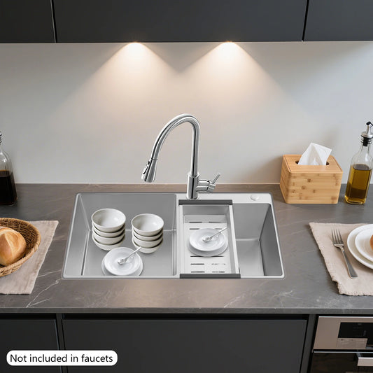 Küchenspüle aus Edelstahl, Doppelschüssel, Küchenspüle, Küchenspüle mit Abflusskorb für Garagen, Keller, Bars, Küchen