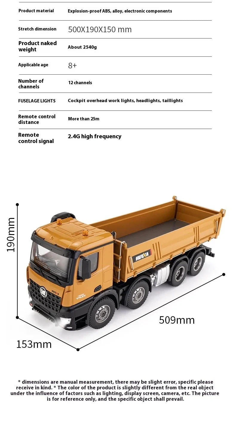 Huina Large 50Cm Rc Dump Truck 1536 12Ch 1/14 Alloy Remote Control Engineering 8Wheel Heavy-Duty Dump Truck Cargo Model Boy Gift