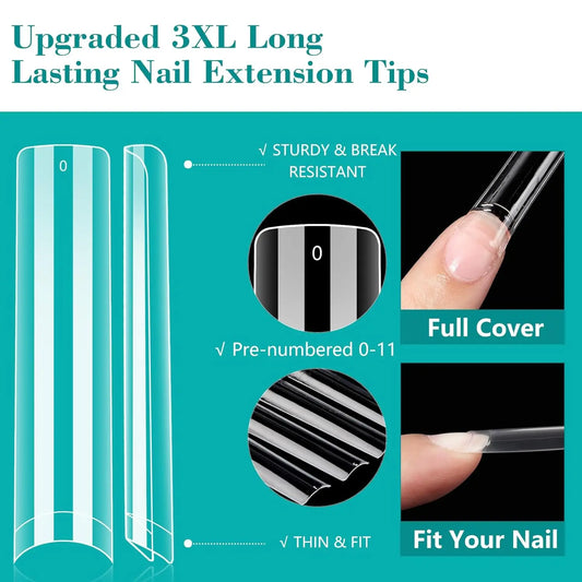 240PC Professional 3XL Extra Long Clear Square Nail Tips 12 Sizes Half Cover Acrylic Nails NO C CURVE Long Square Fake Nail Tips.