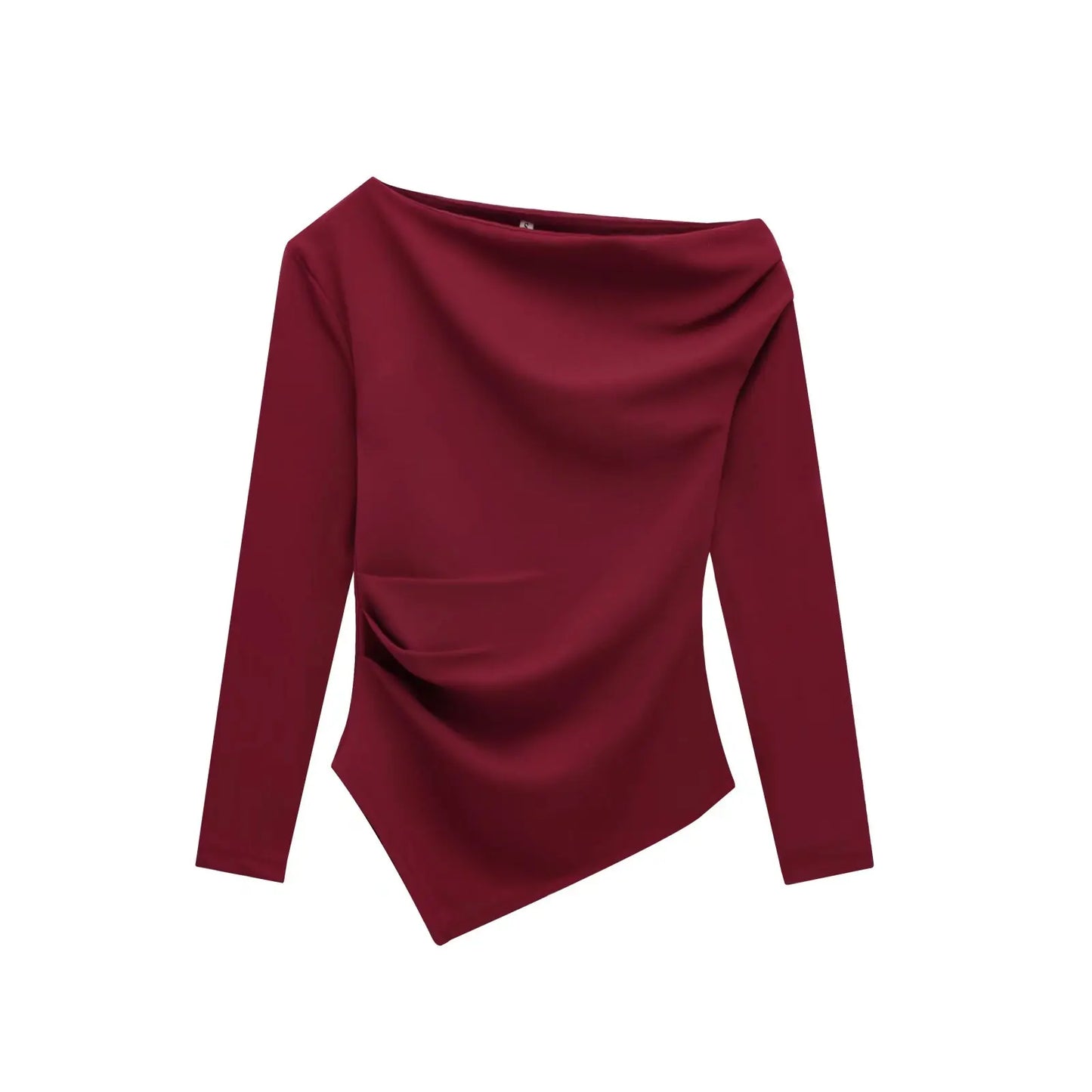 HH Spring Woman Fashion Pleated Decoration Casual Slim Elasticity Top Women Solid 5-Color Asymmetrical Slant Collar Tops