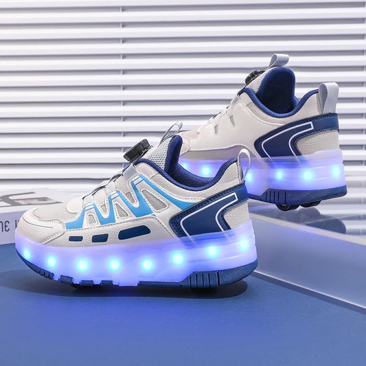 Children Four Wheels Luminous Glowing Sneakers Black Pink Led Light Roller Skate Shoes Kids Led Shoes Boys Girls USB Charging.