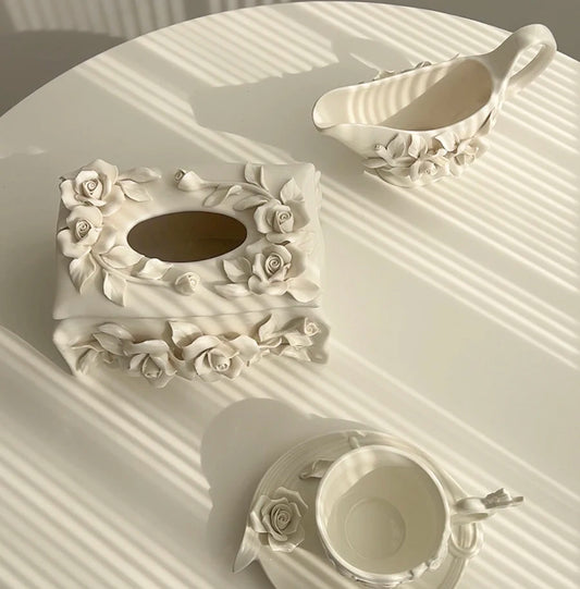 Vintage relief ceramic coffee set, hand-squeezed camellia afternoon tea set, tissue box, creative gift..