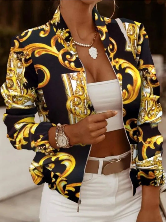 Mode Frauen Jacken Dünne Kurze Mäntel Herbst Vintage Print Lange Sleeve Zipper Dünne Jacke 2024 Casual Oberbekleidung Weibliche Jacke.