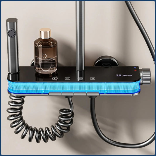 Smart Digital Rainlfall Bathroom Shower Set Temperature Display Bathroom Shower Faucet Set Grey Shower System with Ambient Light